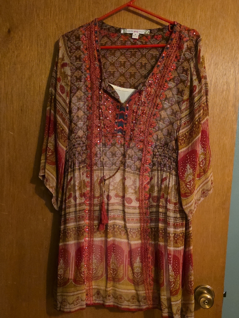 Chelsea & Violet Boho Peasant Dress - Red, Brown, Cream